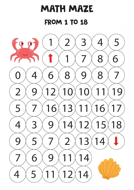 Laberinto matemático para niños. el cangrejo va a la concha marina.