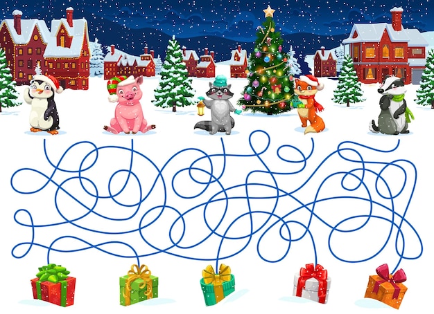 El laberinto de navidad ayuda a los animales divertidos a encontrar regalos hojas de trabajo de juegos de mesa vectoriales para niños con dibujos animados tejón cerdo zorro mapache y pingüino buscando el camino correcto a los regalos en invierno ciudad nevada