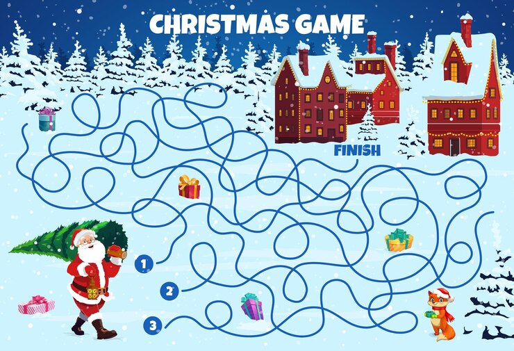 Vector laberinto de navidad para niños diversión y recreación hojas de trabajo vectoriales para niños dibujos animados de papá noel con pino de vacaciones buscando el camino correcto a la ciudad nevada juego de mesa educativo para niños acertijo o prueba