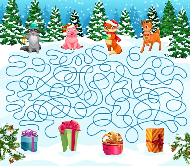 Vector laberinto navideño ayuda a animales divertidos a encontrar sus regalos hoja de trabajo de juego de mesa vectorial para niños con lindos dibujos animados de mapache, cerdo, zorro y ciervo buscando el camino correcto a los regalos en un bosque nevado de invierno