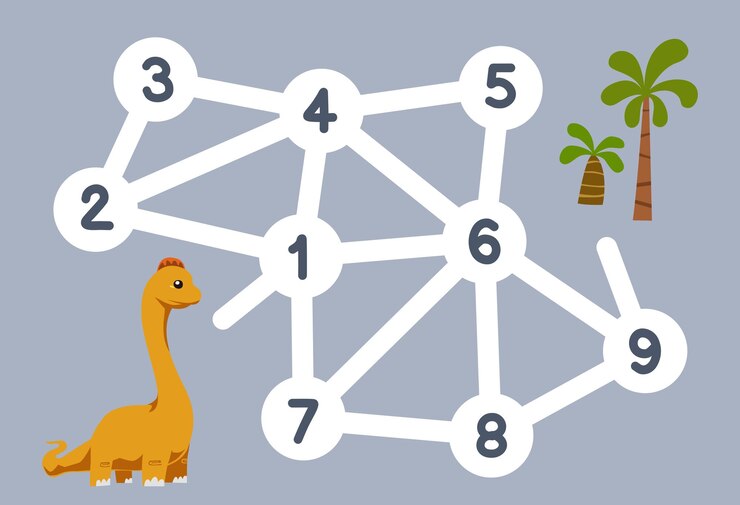 Vector el laberinto de números para niños ayuda al brontosaurio a moverse al árbol hoja de trabajo de dinosaurios imprimible