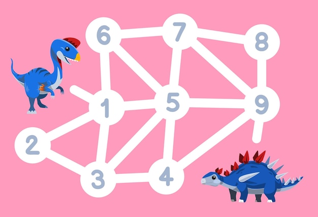 El laberinto de números para niños ayuda al dino azul a moverse a la otra hoja de trabajo de dinosaurios imprimibles
