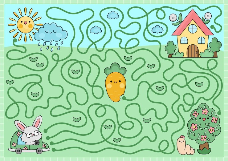 Vector laberinto de pascua para niños actividad preescolar de vacaciones de primavera imprimible con coche kawaii con casa de campo con conejo juego de laberinto de jardín o rompecabezas con personajes lindos florecimiento de árboles gusanos zanahoria sunxa