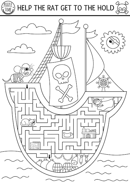 Laberinto pirata en blanco y negro para niños con paisaje marino e interior de barco búsqueda del tesoro actividad imprimible preescolar aventuras en el mar para colorear juego de laberinto o rompecabezas ayuda a la rata a llegar a holdxa