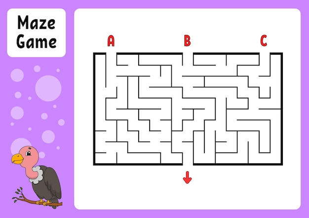 Laberinto rectangular Juego para niños Tres entradas una salida Hoja de trabajo educativa rompecabezas para niños enigma del laberinto Encuentra el camino correcto personaje de dibujos animados Ilustración vectorial