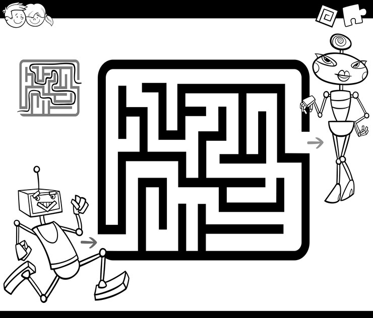 Vector laberinto con robots para colorear colorear