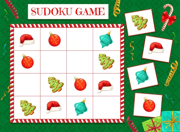 Laberinto de sudoku infantil con adornos navideños. juego de rompecabezas para niños, actividad educativa para niños con tarea lógica. sombrero de papá noel, adorno de árbol de navidad y vector de dibujos animados de galleta de jengibre