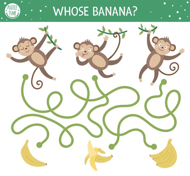 Laberinto tropical para niños. Actividad exótica preescolar. Divertido rompecabezas de la jungla con lindos monos y frutas. Cuyo plátano.