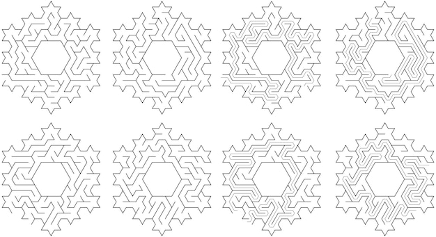Laberintos en forma de copo de nieve con núcleo hexagonal y 12 picos