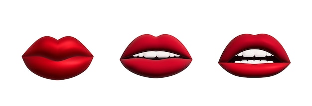 Labios 3d realistas de tonos rojos Formas de mujer labio brillante y mate Conjunto aislado sobre fondo blanco Objetos de decoración para el diseño Ilustración vectorial