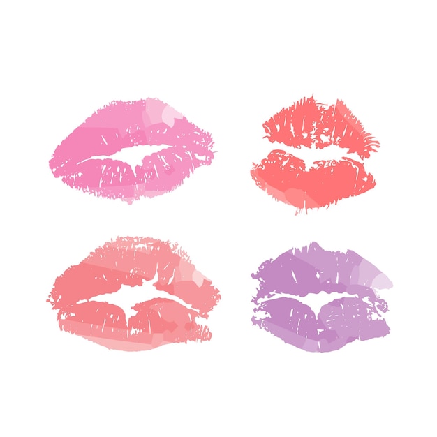 Labios de acuarela dibujados de diferentes colores, beso