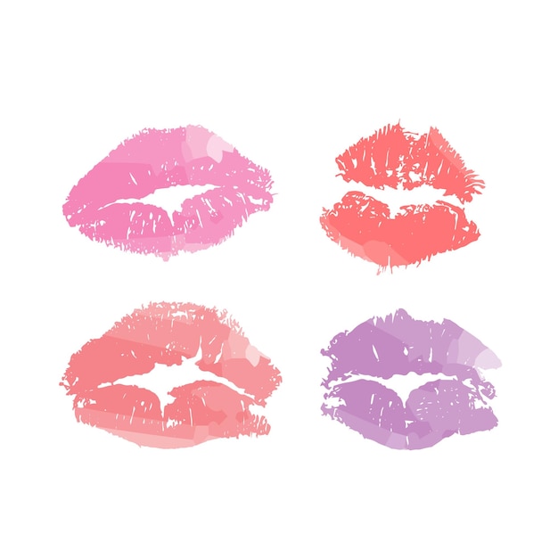 Vector labios de acuarela dibujados de diferentes colores, beso