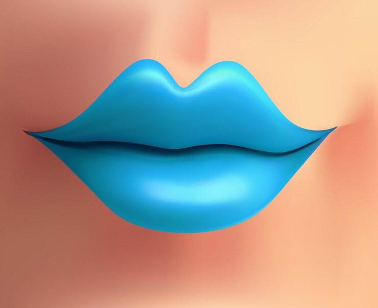 Vector los labios azules 3d realistas el beso jugoso los labios de las mujeres hermosas el vector aislado en fondo rosa pastel