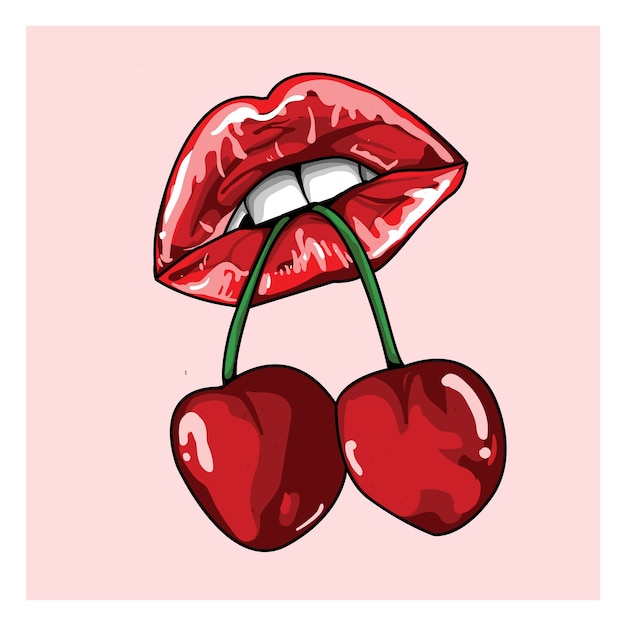 Labios bitting cereza dibujado a mano ilustración