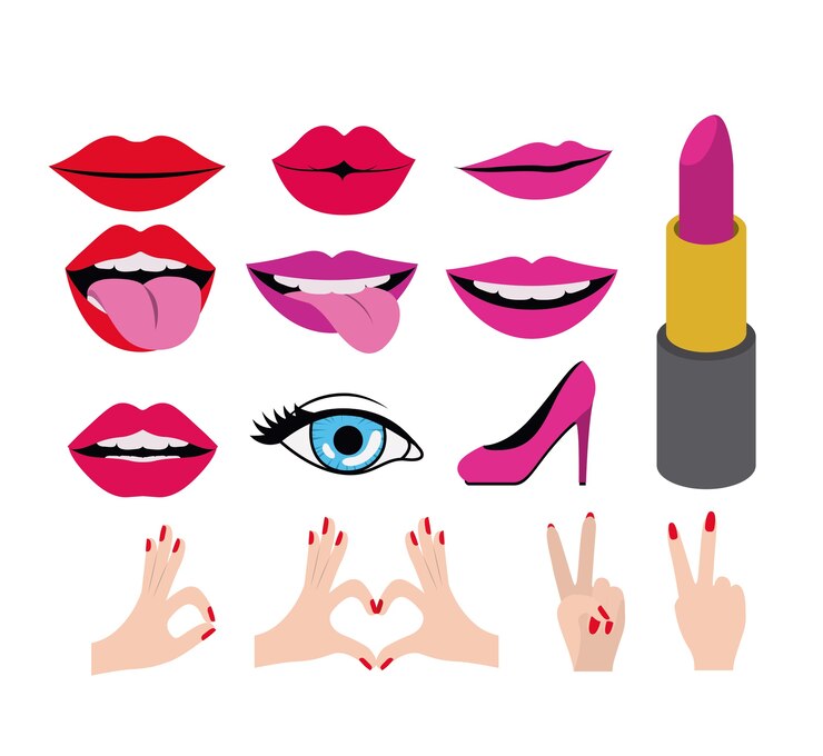 Vector labios y boca con manos y conjunto de elementos de belleza
