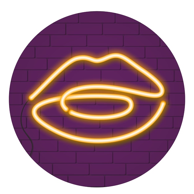 Labios brillantes de neón en una pared de ladrillo púrpura.
