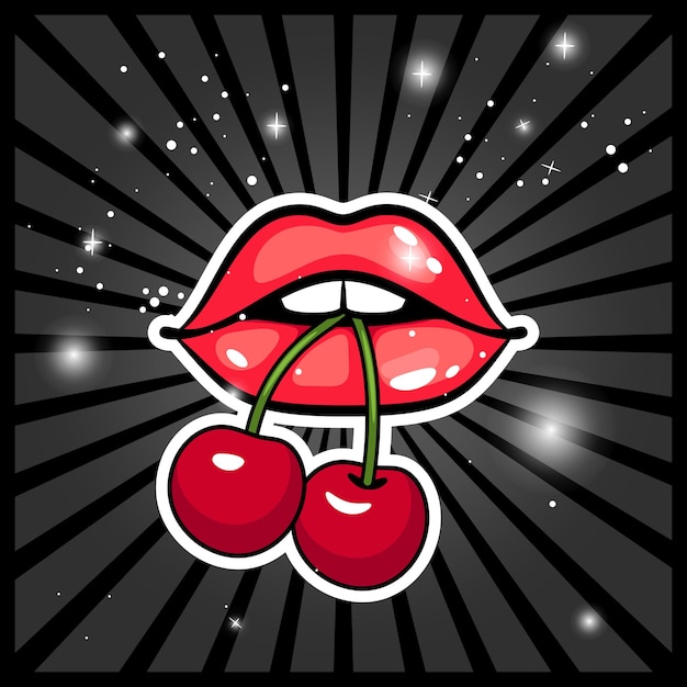 Labios con cereza. Sonrisa sensual de dibujos animados con bayas, hermosos labios románticos con lápiz labial rojo, símbolo de ilustración vectorial de beso de mujer sexy glamorosa