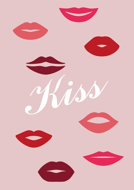 Labios de chicas besos femeninos lápiz labial rojo formas de boca sonriente huella de maquillaje cosméticos de belleza de mujer partes de la cara sensual romance y pasión brillo de labios brillante tarjeta de glamour rosa de vector