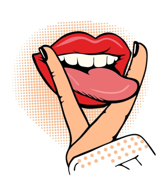 Labios cómicos de arte pop vector rojo con lengua. Imágenes prediseñadas con los dedos Gesto de la mano de la letra V. Símbolo de la victoria