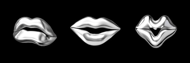 Los labios cromados plateados establecen el efecto 3d en diferentes poses en una ilustración vectorial de fondo negro