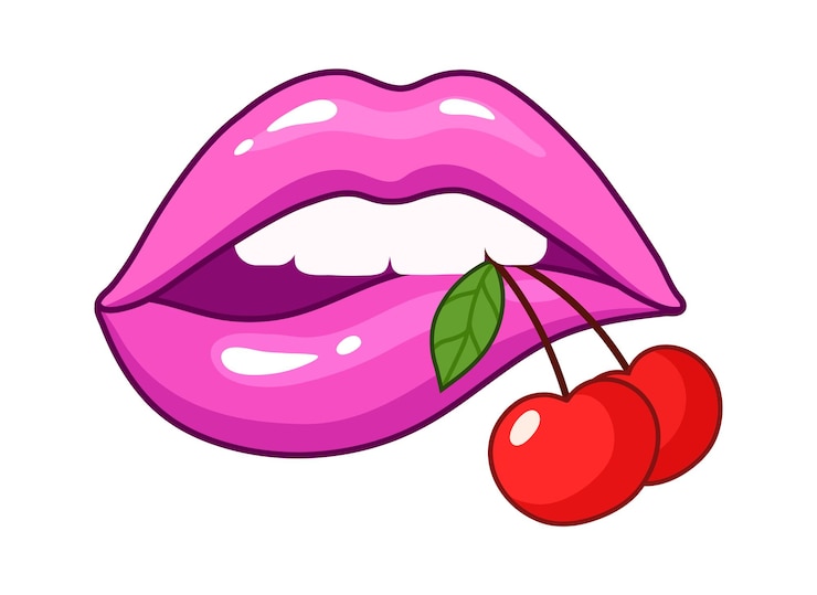 Vector labios de dibujos animados con cereza roja parche de beso aislado de boca femenina sexy pegatina de vector de labios rosa para decoración de diseño o póster