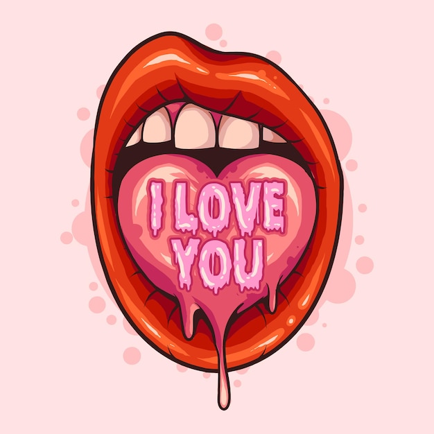 Labios de diseño de san valentín con una lengua en forma de corazón de amor que dice te amo. diseño de camiseta de arte