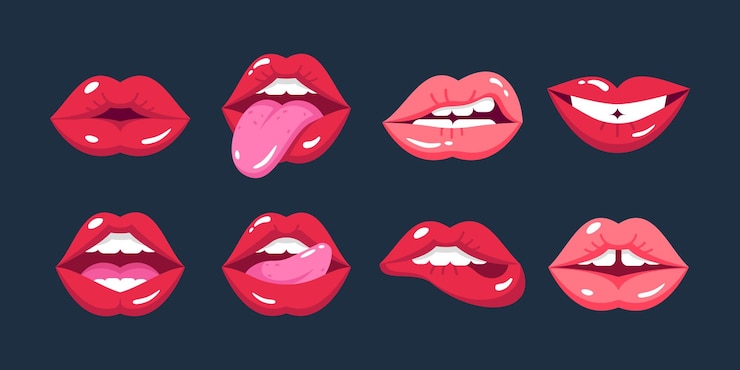 Vector labios femeninos pintados en estilo de dibujos animados en diferentes expresiones de emociones