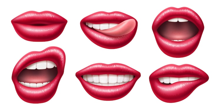 Vector labios femeninos realistas bocas brillantes con lápiz labial brillante 3d parte del cuerpo aislada diferentes expresiones lengua y dientes blancos que sobresalen lengua mujer belleza rojo conjunto de vectores cosméticos