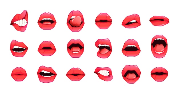 Labios femeninos rojos Boca de mujer de dibujos animados con diferentes emociones beso sonrisa lengua fuera expresiones de labios de niña regordeta insolente Vector colorido conjunto