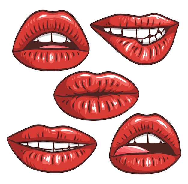 Labios femeninos sexy con lápiz labial rojo ilustración de moda de vector boca de mujer conjunto colección de gestos