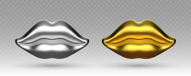 Labios de metal dorado y plateado vectoriales aislados en fondo transparente