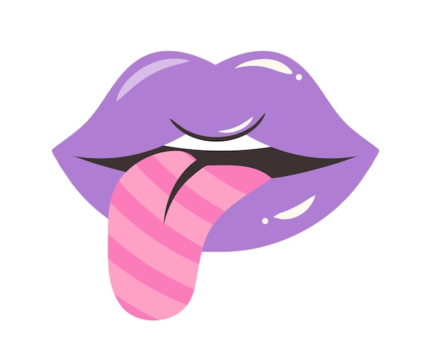 Labios morados con lengua de rayas en estilo pop art Boca entreabierta de mujer con lengua fuera