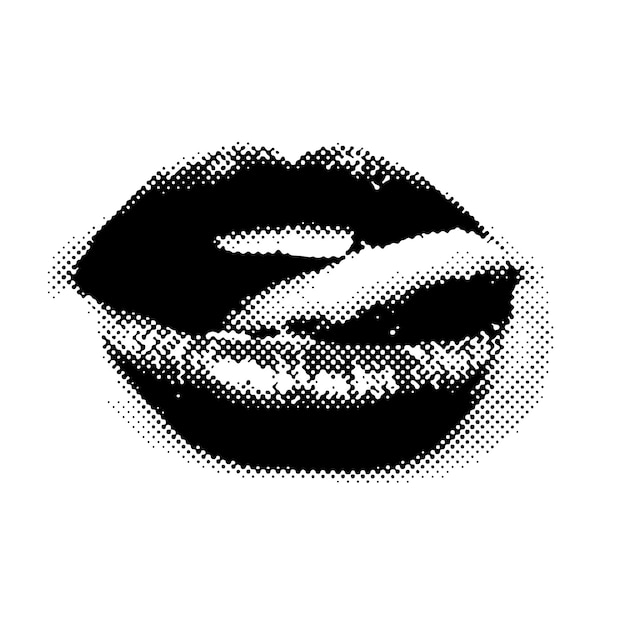 Labios de mujer con dientes visibles que muestran la lengua en efecto de semitono negro hecho de pequeños puntos vector i