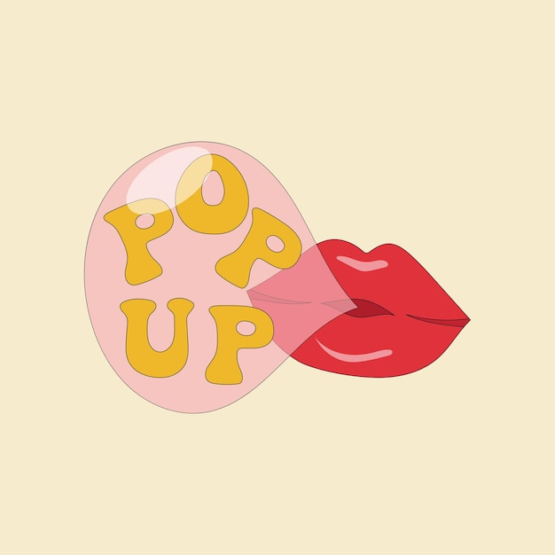 Labios de mujer con globo pop chicle con letras pop up en colores vibrantes vector aislado