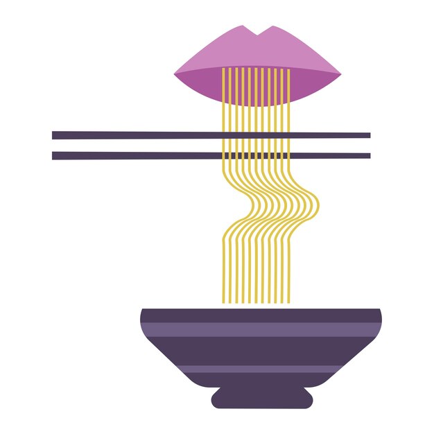 Los labios de las mujeres comen fideos. Comida tradicional asiática. Vector sobre fondo blanco.