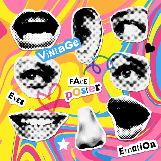 Vector labios y ojos femeninos emocionales como elementos retro de collage de semitonos con garabatos femeninos para m mixtos