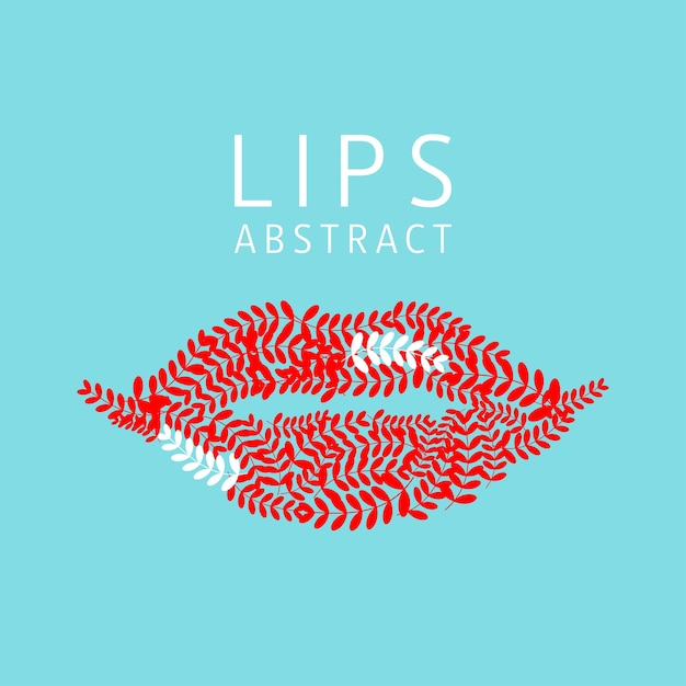 Labios rojos abstractos con hojas florales sobre fondo azul