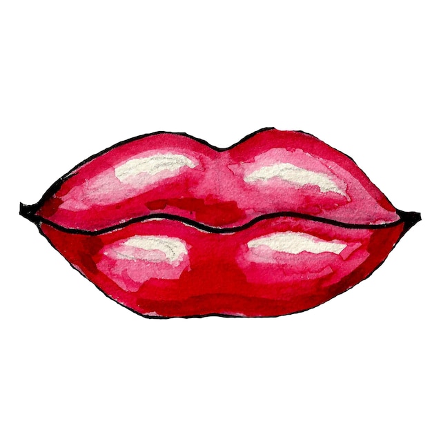 Labios rojos acuarela. Ilustración de moda vectorial pintada a mano. Besar los labios.