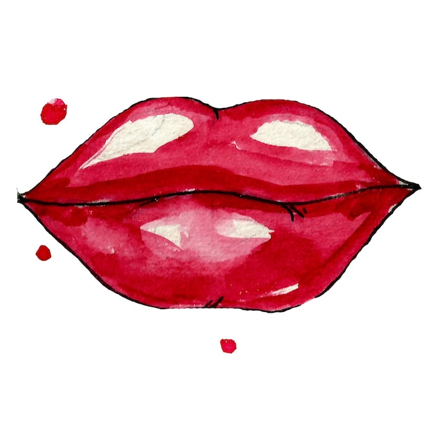 Labios rojos acuarela. Ilustración de moda vectorial pintada a mano. Besar los labios.