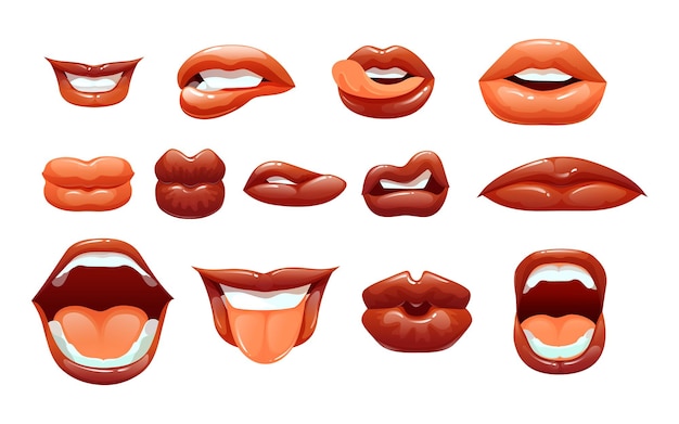 Labios rojos femeninos, labios de mujer sexy con diferentes emociones