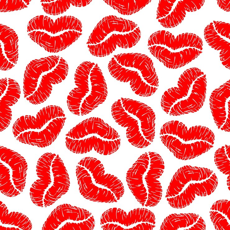Vector labios rojos imprime fondo transparente con lápiz labial de mujer en forma de corazones. para el diseño de temas de concepto de amor o día de san valentín