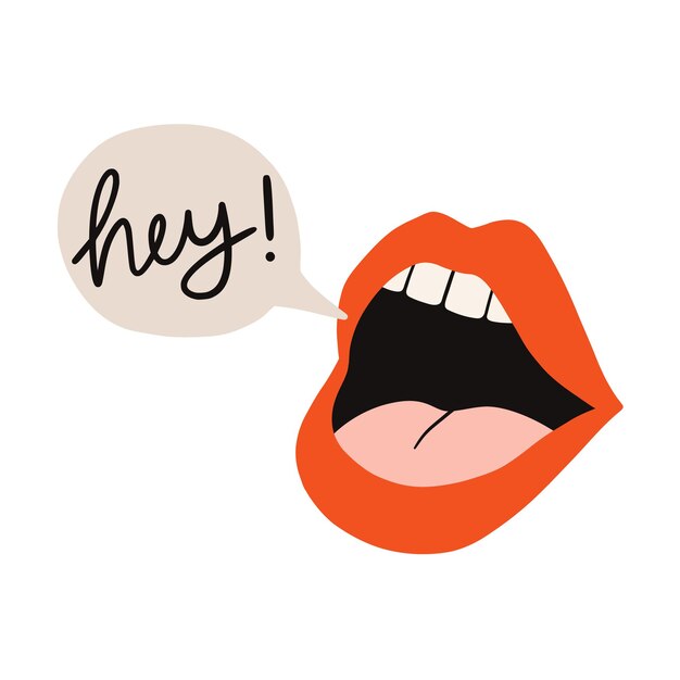 Vector los labios rojos con letras hey los labios sexy rojos boca con beso sonrisa lengua y dientes dibujados a mano