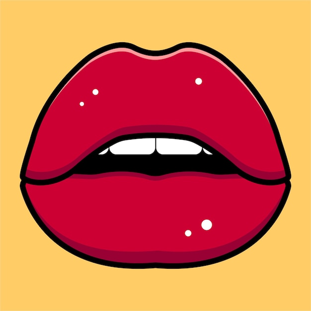 Labios rojos sobre un fondo amarillo Pegatina de dibujos animados Ilustración vectorial