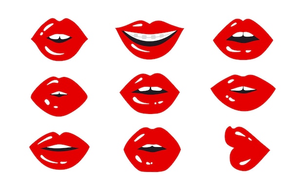 Los labios rojos Vector Set Sonríe Beso Boca Sexy Belleza Mujer Ilustración