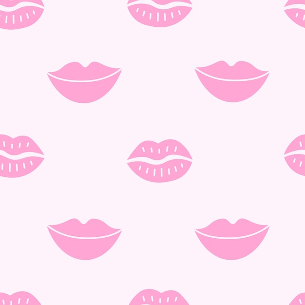 Los labios rosados besan el patrón sin costuras femenino romántico de fondo con estampado de lápiz labial y boca sonriente