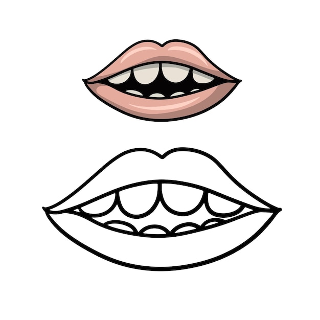 Labios rosados con ilustración de vector de dibujos animados de dientes blancos un conjunto de dibujos de color y croquis