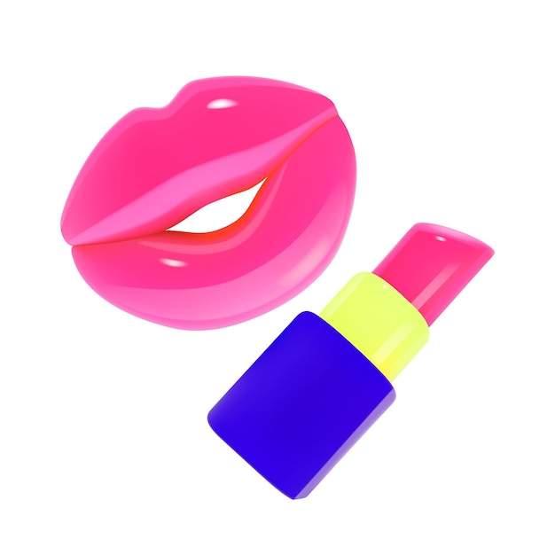 Labios rosados y lápiz labial en estilo de dibujos animados en 3D aislados sobre fondo blanco