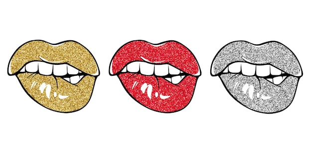 Labios sensuales, morderse el labio. Morderse los labios. Labios femeninos con lápiz labial glitter rojo, dorado y plateado. Estilo de dibujo. Ilustración de vector aislado en blanco. EPS10