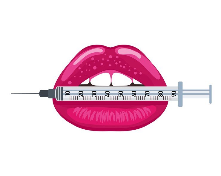 Vector labios sosteniendo una jeringa. concepto de belleza de labios, relleno de labios. icono médico, logotipo de cosmetología.