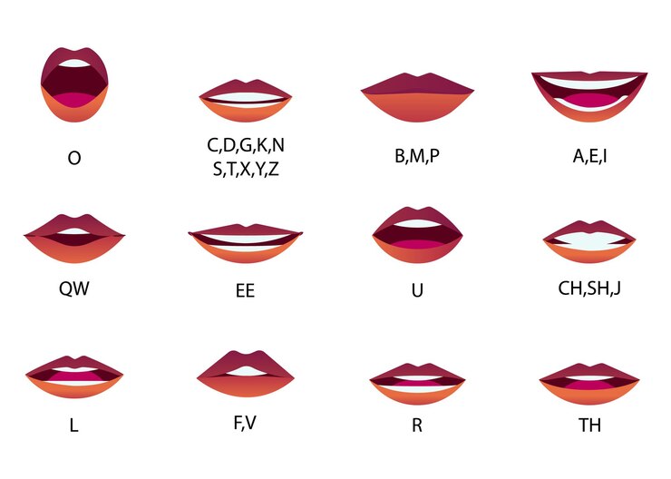 Vector labios sync set colección de labios humanos. animación y pronunciación de la boca